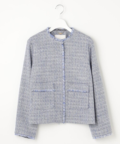美品⭐︎自由区 ノーカラージャケット ツイード調 セットアップ対応】カラミツイードノーカラー ジャケット / 自由