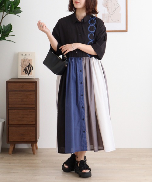 Emago リース刺繍切替えワンピース　ブラック Emago ワンピース EMAGO リース刺繍切替えワンピース : ZOZOTOWN
