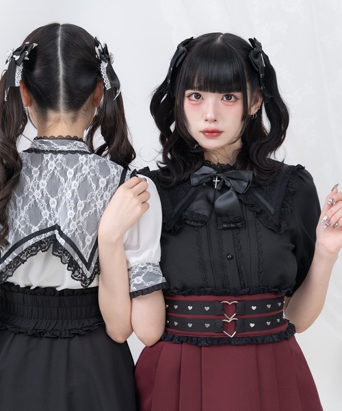ブラウス シャツ off shoulder ribbon blouse レディース DearMyLove ブラウス シャツ 十字架リボンセーラーレース襟