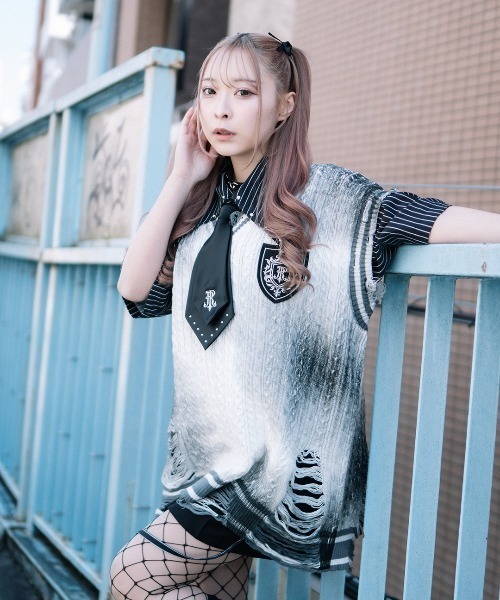 ベスト ジレ 「TRAVAS TOKYO/トラバス トーキョー」顔料加工ダメージケーブルニットベスト レディース メンズ TRAVAS TOKYO ベスト ジレ 「TRAVAS TOKYO/トラバス トーキョー