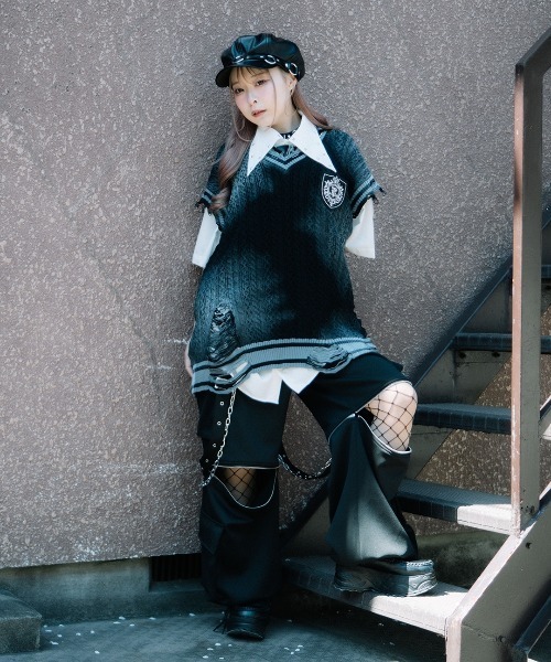 ベスト ジレ 「TRAVAS TOKYO/トラバス トーキョー」顔料加工ダメージケーブルニットベスト レディース メンズ TRAVAS TOKYO ベスト ジレ 「TRAVAS TOKYO/トラバス トーキョー