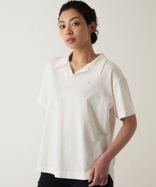 ebure ホワイト 半袖Tシャツ Eddie Bauer（エディーバウアー） tシャツ 半袖 開襟 Tシャツ