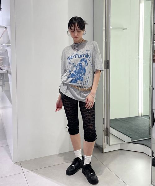 さえらヒスクローネフリフリレース付き黒レギンス スパッツ美品 日本製メッシュ裾レース7分丈スパッツ M-L・L-LL (女性 レギンス