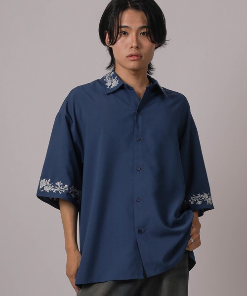シャツ 「93-1」フラワー刺繍 オーバーサイズ ドレープ 半袖シャツ