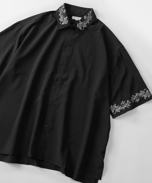 シャツ 「93-1」フラワー刺繍 オーバーサイズ ドレープ 半袖シャツ