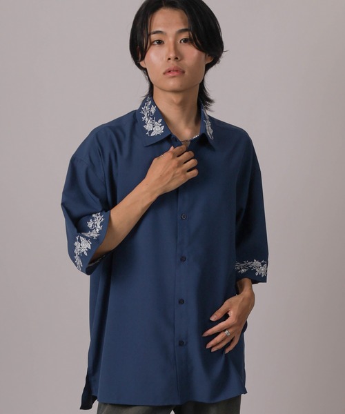 シャツ 「93-1」フラワー刺繍 オーバーサイズ ドレープ 半袖シャツ