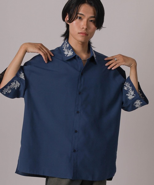 シャツ 「93-1」フラワー刺繍 オーバーサイズ ドレープ 半袖シャツ