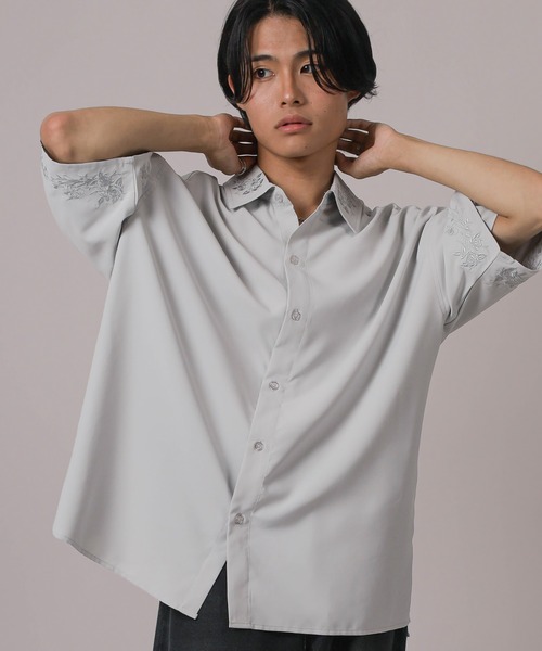 シャツ 「93-1」フラワー刺繍 オーバーサイズ ドレープ 半袖シャツ