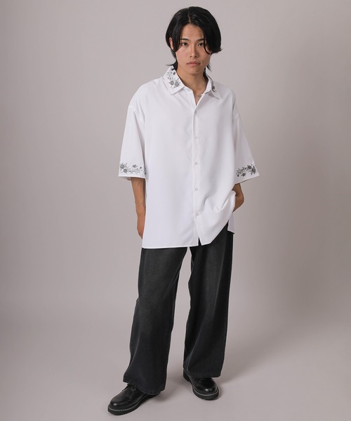 シャツ 「93-1」フラワー刺繍 オーバーサイズ ドレープ 半袖シャツ