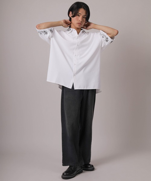 シャツ 「93-1」フラワー刺繍 オーバーサイズ ドレープ 半袖シャツ