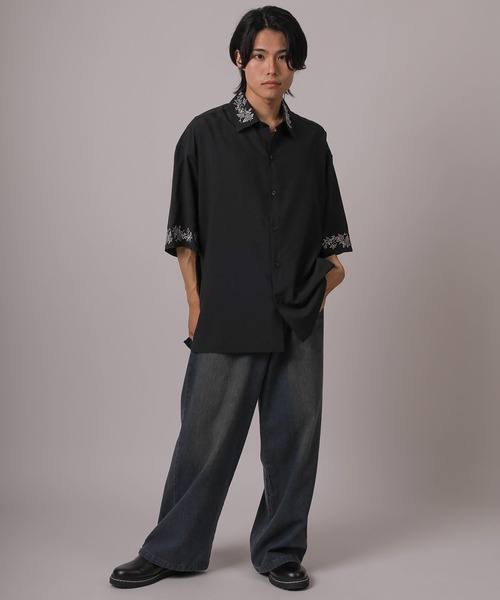 シャツ 「93-1」フラワー刺繍 オーバーサイズ ドレープ 半袖シャツ