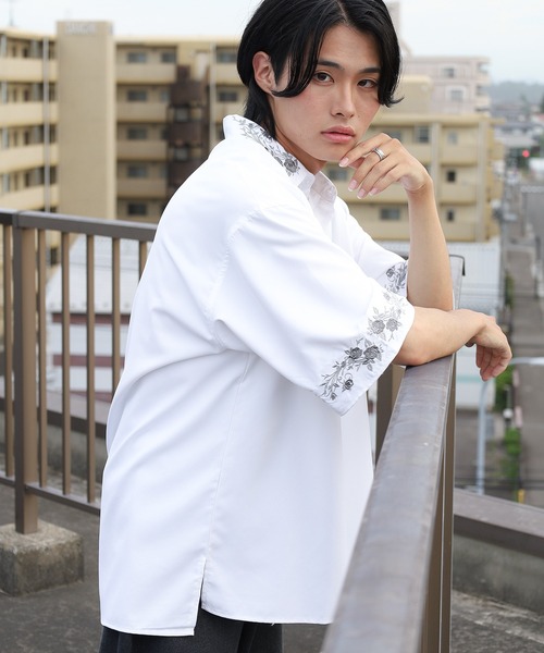 シャツ 「93-1」フラワー刺繍 オーバーサイズ ドレープ 半袖シャツ