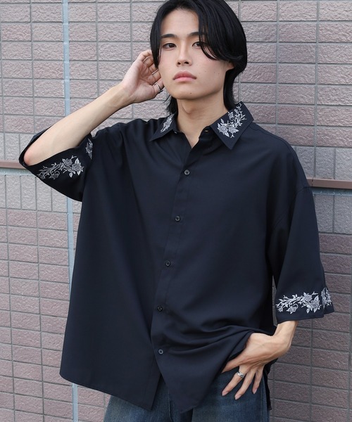 シャツ 「93-1」フラワー刺繍 オーバーサイズ ドレープ 半袖シャツ