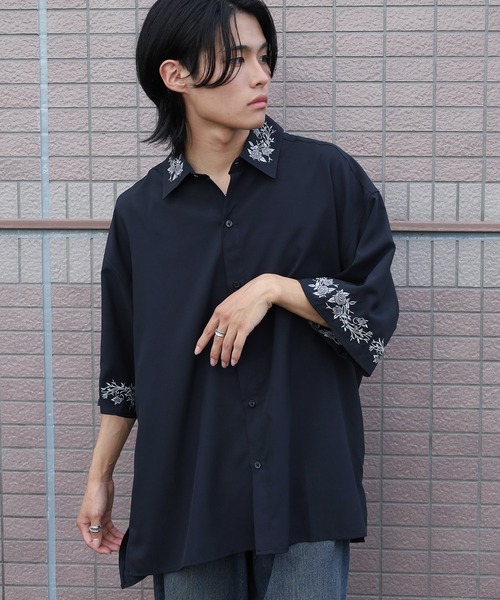 シャツ 「93-1」フラワー刺繍 オーバーサイズ ドレープ 半袖シャツ