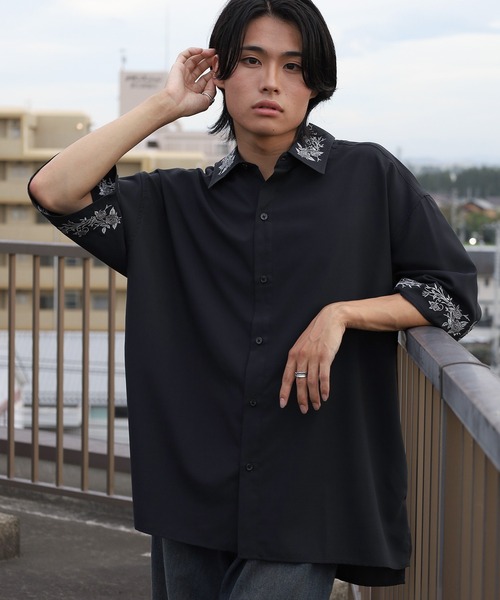 シャツ 「93-1」フラワー刺繍 オーバーサイズ ドレープ 半袖シャツ