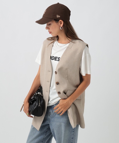ベスト ジレ リネンライクノーカラーノースリーブベスト レディース