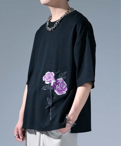 Ellno Loset（エルノロゼット） tシャツ サイドバラ刺繍Tシャツ メンズ