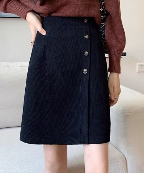 スカート フロントボタンデザイン コーデュロイミニスカート