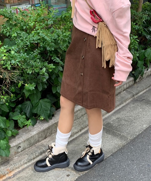 スカート フロントボタンデザイン コーデュロイミニスカート