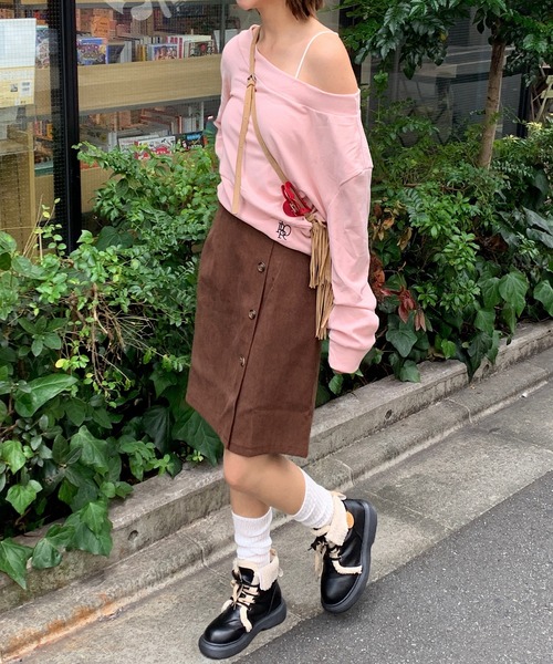 スカート フロントボタンデザイン コーデュロイミニスカート