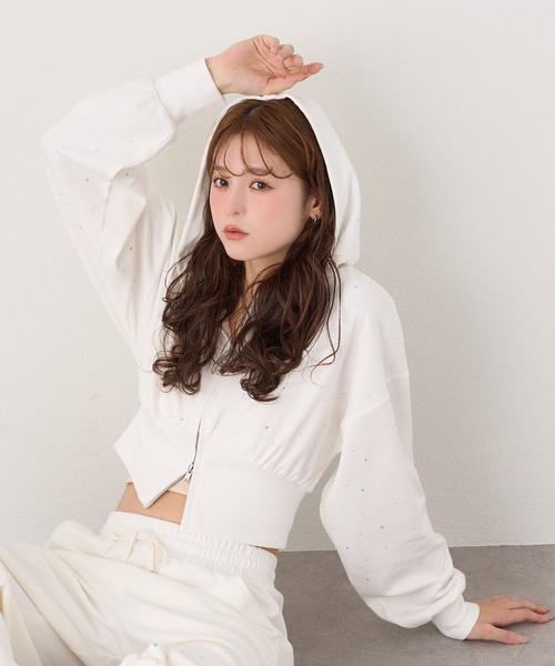 パーカー 「セットアップ対応」ビジューショートパーカー レディース | one after another NICE CLAUP