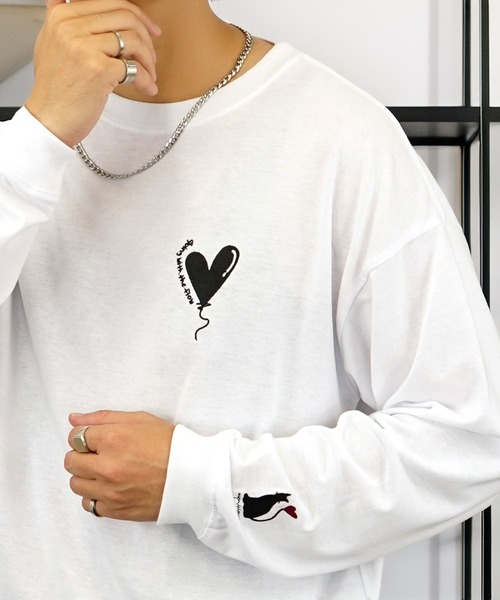 tシャツ 刺繍 長袖 Tシャツ ハート 黒猫 バルーン グラフィック メンズ