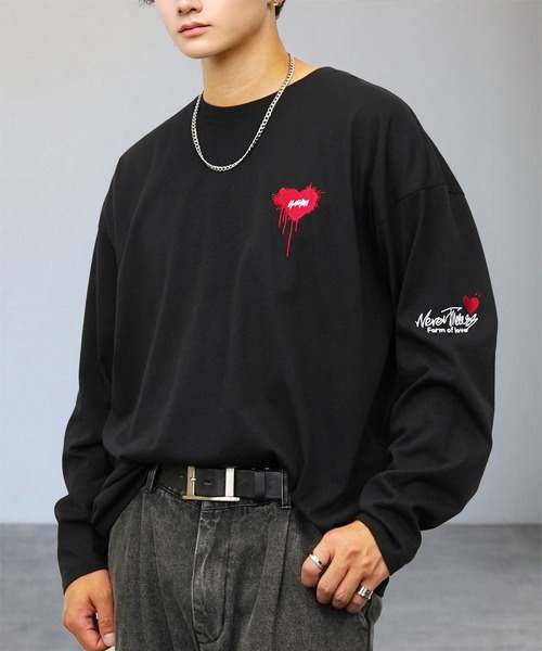 tシャツ 刺繍 長袖 Tシャツ ハート 黒猫 バルーン グラフィック メンズ