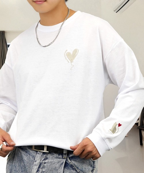 tシャツ 刺繍 長袖 Tシャツ ハート 黒猫 バルーン グラフィック メンズ