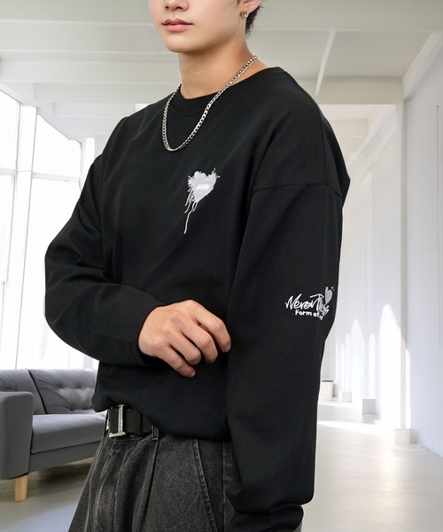 tシャツ 刺繍 長袖 Tシャツ ハート 黒猫 バルーン グラフィック メンズ