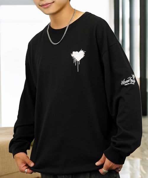 tシャツ 刺繍 長袖 Tシャツ ハート 黒猫 バルーン グラフィック メンズ