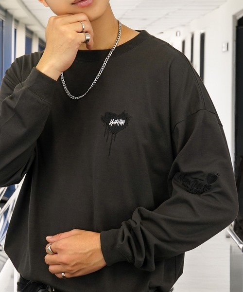 tシャツ 刺繍 長袖 Tシャツ ハート 黒猫 バルーン グラフィック メンズ