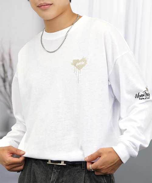 tシャツ 刺繍 長袖 Tシャツ ハート 黒猫 バルーン グラフィック メンズ