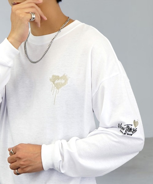 tシャツ 刺繍 長袖 Tシャツ ハート 黒猫 バルーン グラフィック メンズ