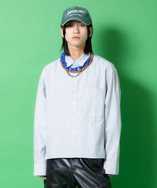 シャツ a.p.o.v. クロップド丈オックスフォードストライプシャツ