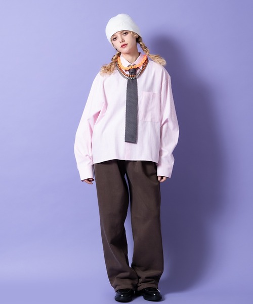 シャツ a.p.o.v. クロップド丈オックスフォードストライプシャツ