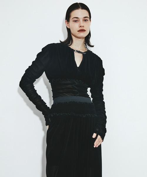 トップス FETICO ROSE VELVET TULLE SHIRRING TOP Velvet tulle shirring dress(36 BLACK): FETICO: WOMENS｜THE TOKYO