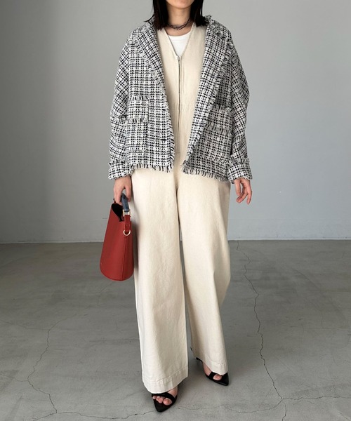 「DOUX ARCHIVES」 ツイードジャケット FREE ホワイト×ブラック レディース_画像4