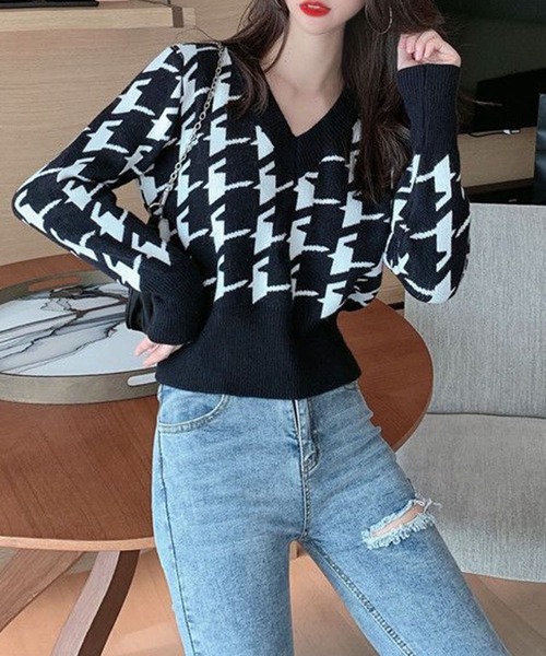 GLAMOROUS JANE（グラマラスジェーン） ニット セーター 千鳥柄Vネック