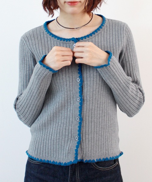 カーディガン 「26SS 新作」配色ステッチニットカーディガン