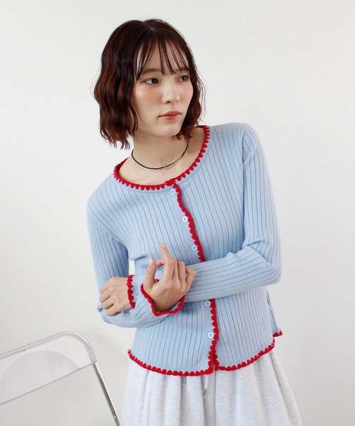 カーディガン 「26AW 新作」配色ステッチニットカーディガン