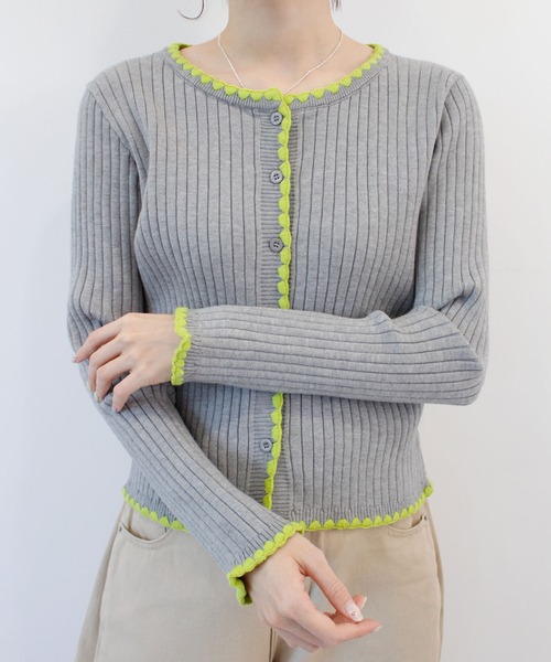 カーディガン 「26SS 新作」配色ステッチニットカーディガン