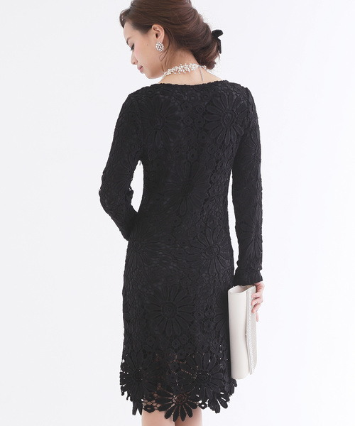 PourVous ドレス 結婚式ワンピースドレスケミカルレースミニ丈＆袖あり  