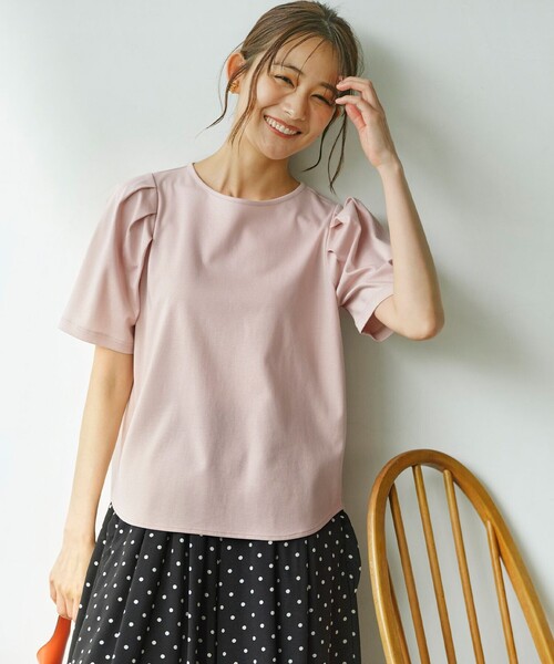 【小さいサイズ】タックスリーブポンチカットソー/接触冷感/洗える 組曲 tシャツ 「洗える・接触冷感」タックスリーブポンチ