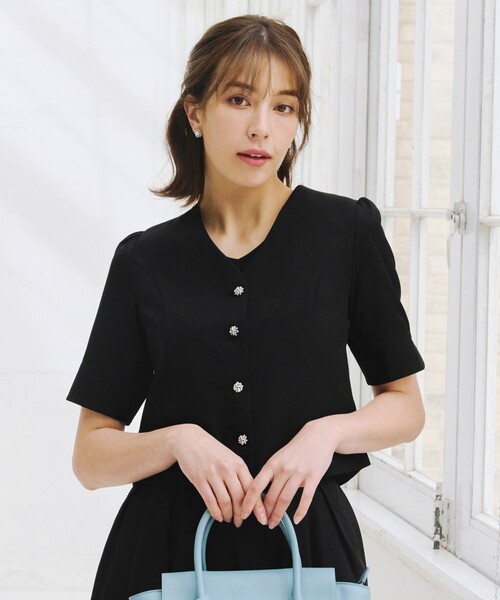 カーディガン 「大きいサイズ」「洗える」ビジューボタン半袖ジャレロ レディース Tiaclasse カーディガン 「大きいサイズ」「洗える」ビジュー