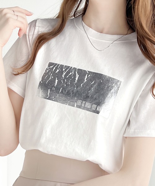 tシャツ 「mily bilet」一点投入でモードなおしゃれ感が漂う。綿100%箔プリントアソートTシャツ レディース | mily bilet | 14