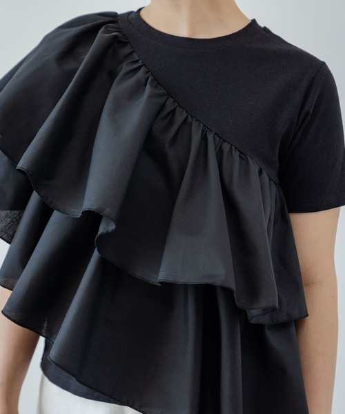 tシャツ Frill Gather Stitching Top レディース セール】アシンメトリーフリルTシャツ（Tシャツ/カットソー