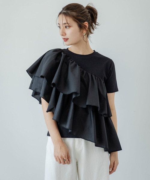 tシャツ 裾フリルアシンメトリーカットソー レディース フリル アシンメトリー カットソー Tシャツ レディース 半袖