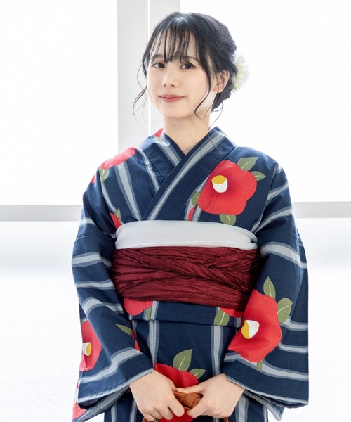 浴衣✿浴衣セット✿レディース浴衣✿しわ兵児帯✿兵児帯✿着物✿新品✿2点セット 浴衣 セット レディース 浴衣としわ兵児帯の2点セット「椿、縞