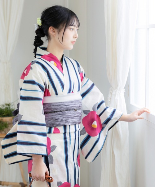 浴衣 レディース 浴衣としわ兵児帯の2点セット Fサイズ 綿浴衣 ヒマワリ　椿　朝顔　グレー　ネイビー　パープル　浴衣セット レディース_3