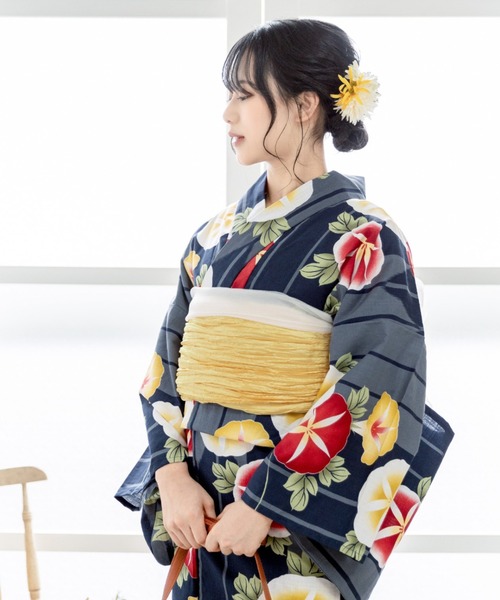 [青に朝顔]浴衣・半幅帯・レース兵児帯3点セット　高級変わり織 青に朝顔]浴衣・半幅帯・レース兵児帯3点セット高級変わり織